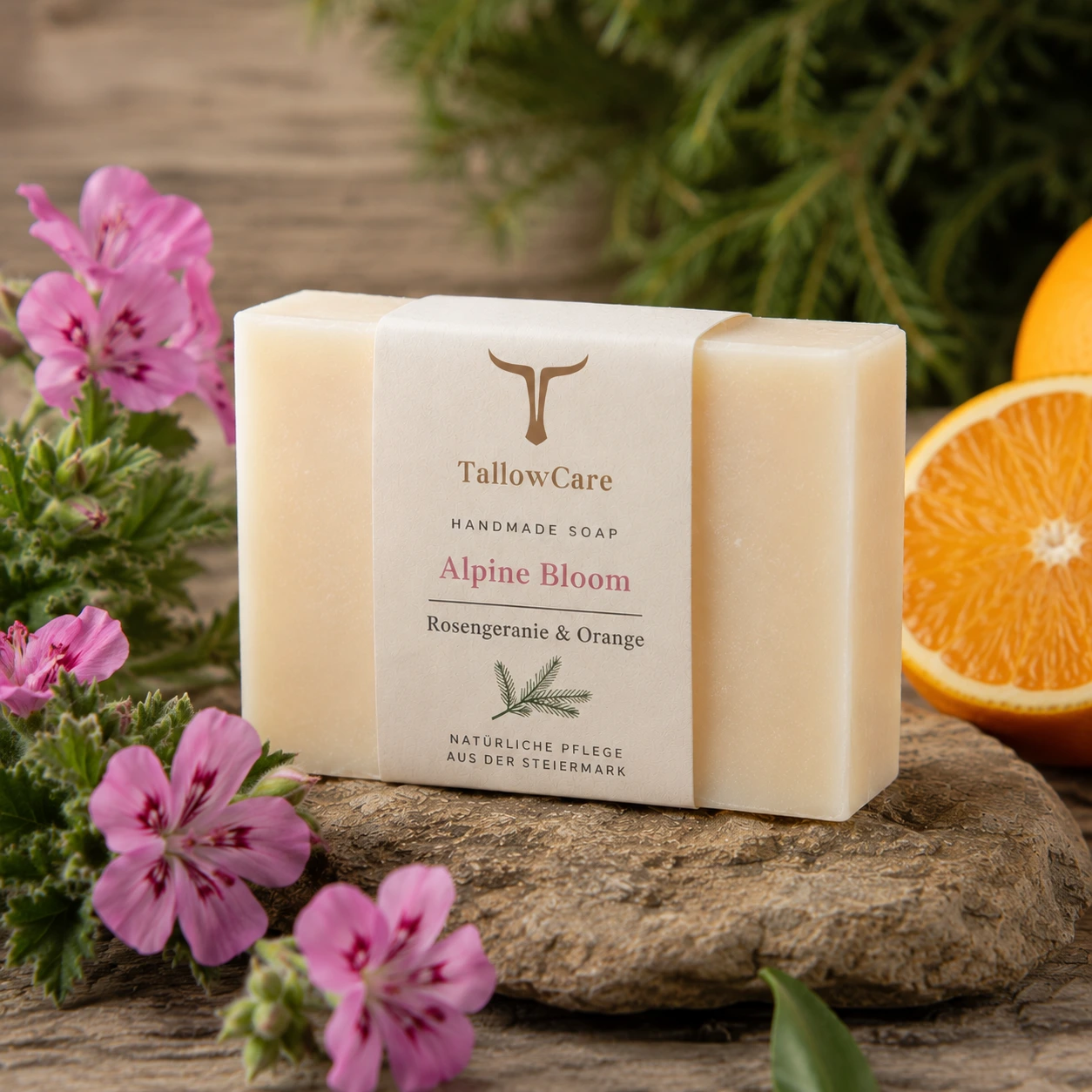 Tallow Seife Rosengeranie Orange handgesiedete Naturseife pflegend