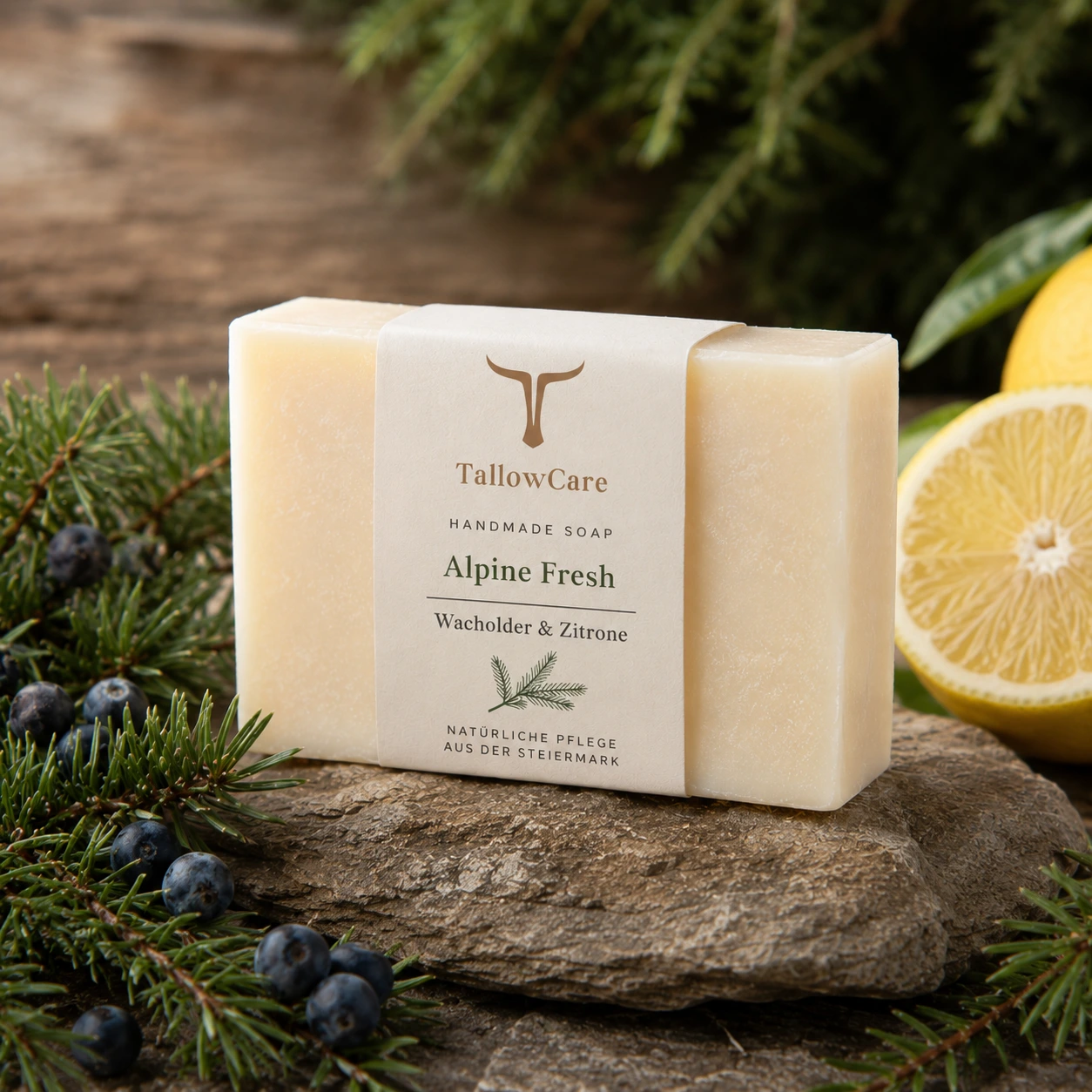 Tallow Seife Wacholder Zitrone handgesiedete Naturseife mit cremigem Schaum